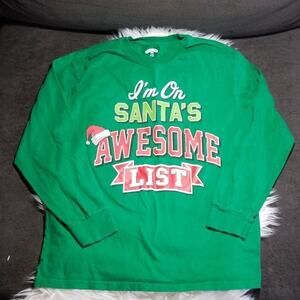 Holiday Time Kids Christmas Long Sleeve Tee Green Santa's Awesome List XL 14-16